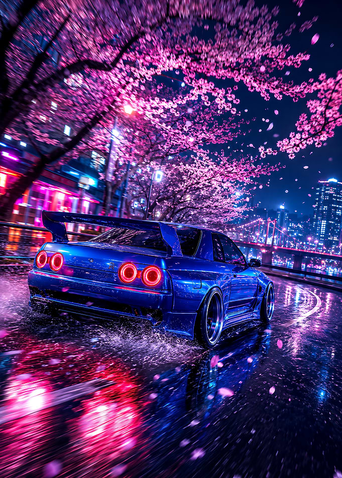 Blue Nissan Skyline Under Cherry Blossoms