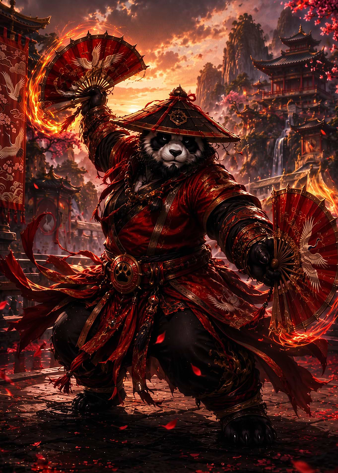 Warrior Panda with Flaming Fans