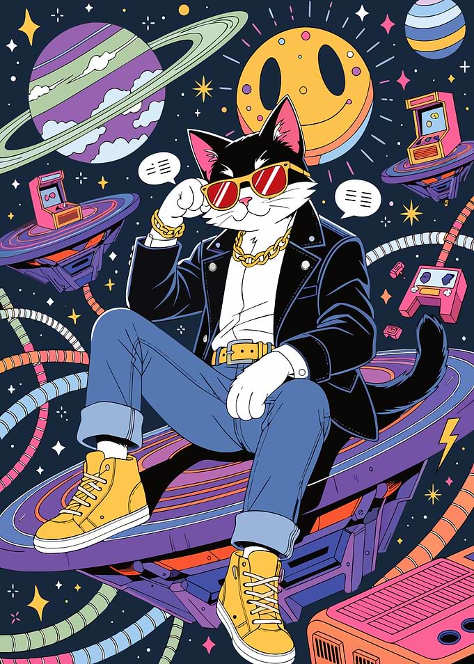 Cool Retro Space Cat Illustration