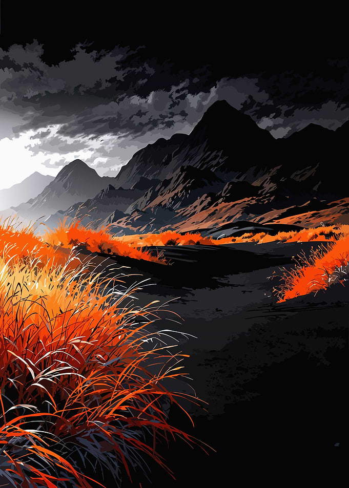 Dramatic Mountain Landscape with Orange Grass