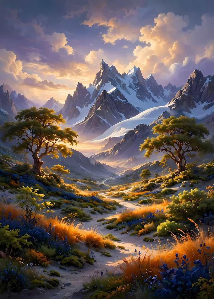Golden Sunset Over Snowy Mountain Valley