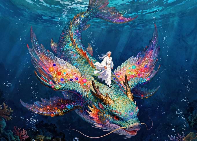 Man Riding a Magical Dragon Fish