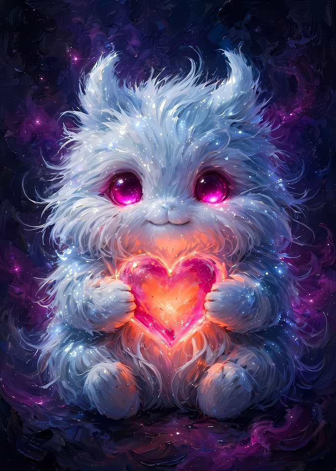 Cute Fluffy Creature Holding Glowing Heart