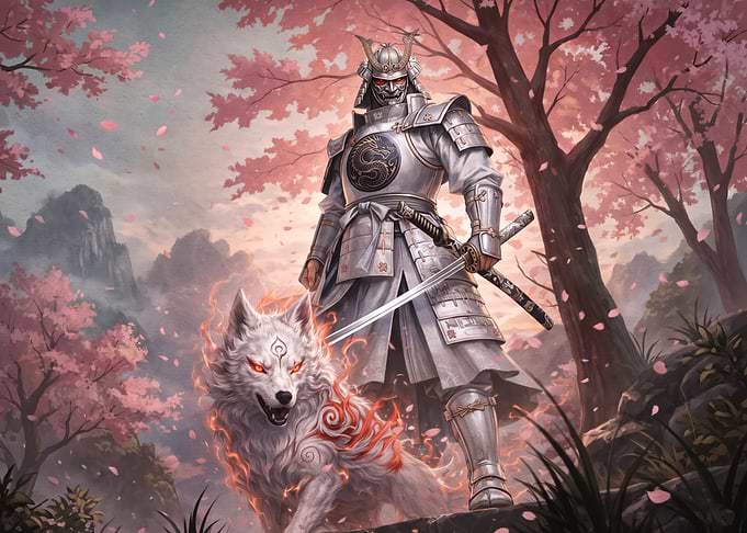 Samurai Warrior with Flaming Spirit Wolf
