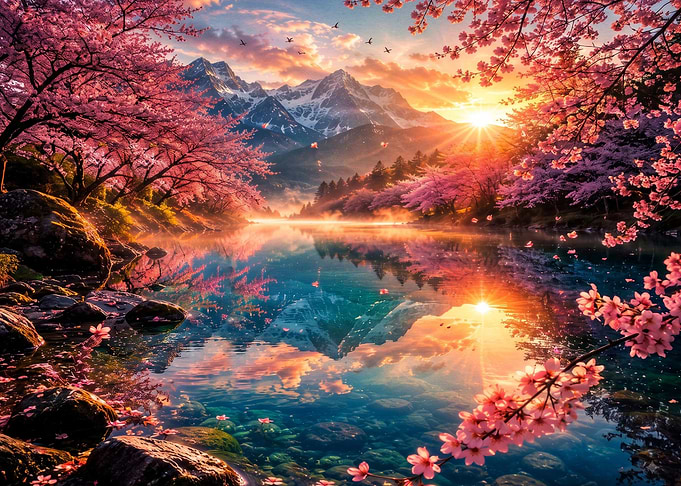 Cherry Blossom Sunrise Over Mountain Lake