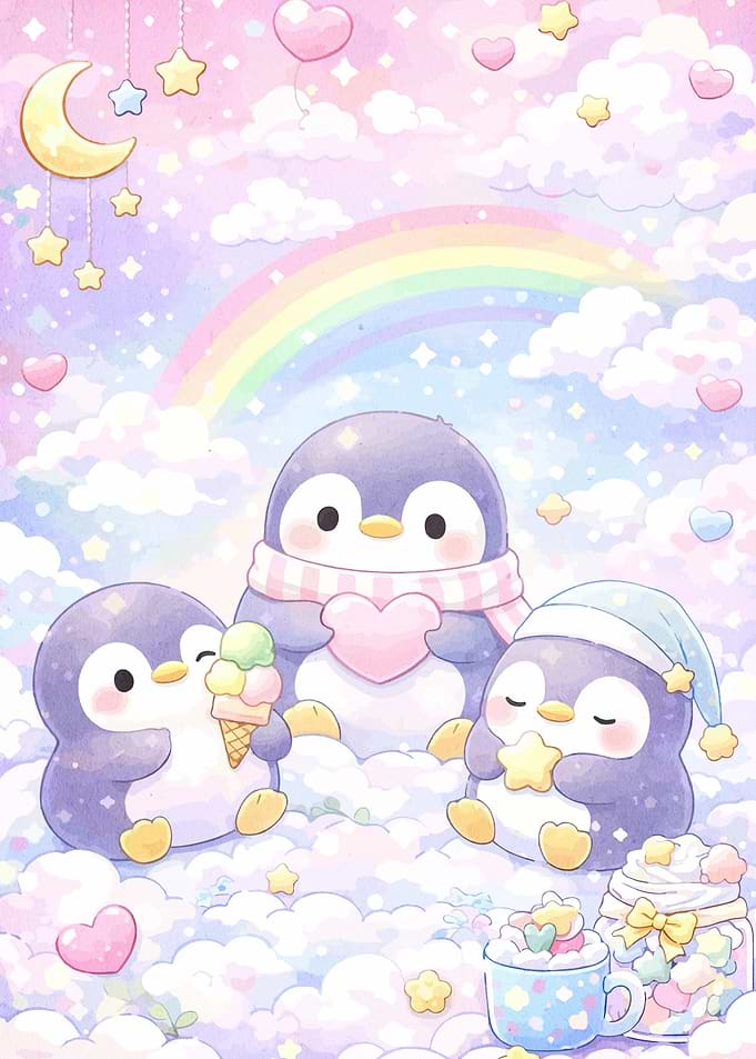 Cute Penguins in Pastel Clouds
