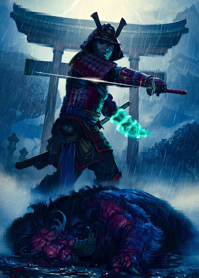 Samurai Warrior Defeating a Beast