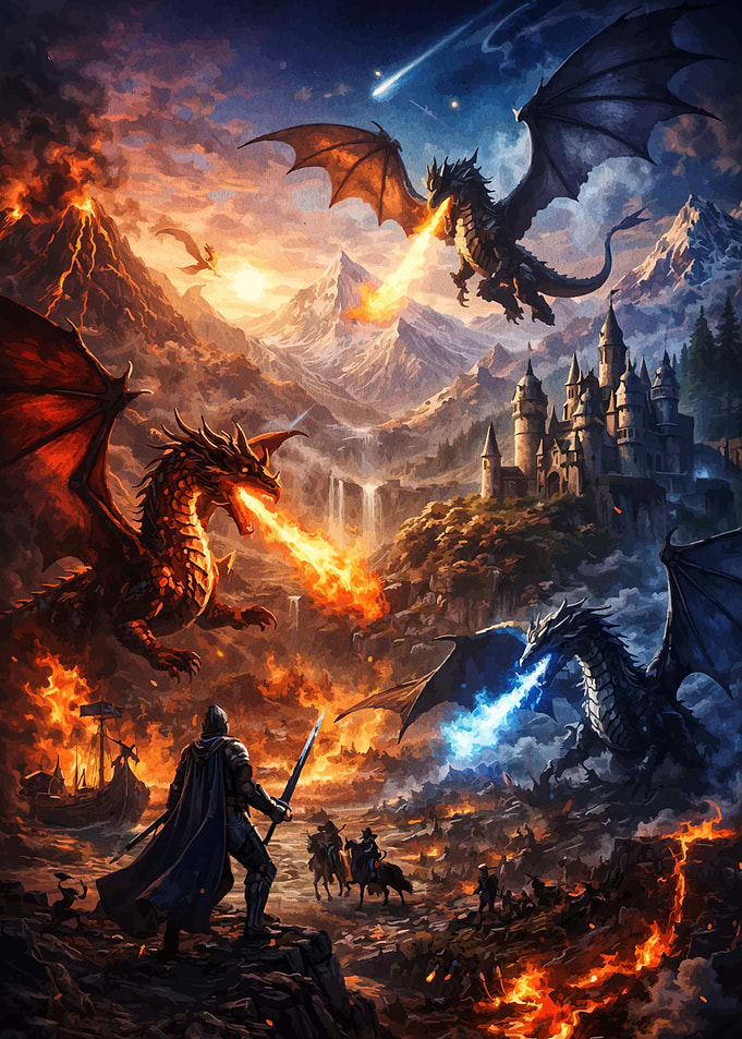 Epic Fantasy Dragon Battle Scene