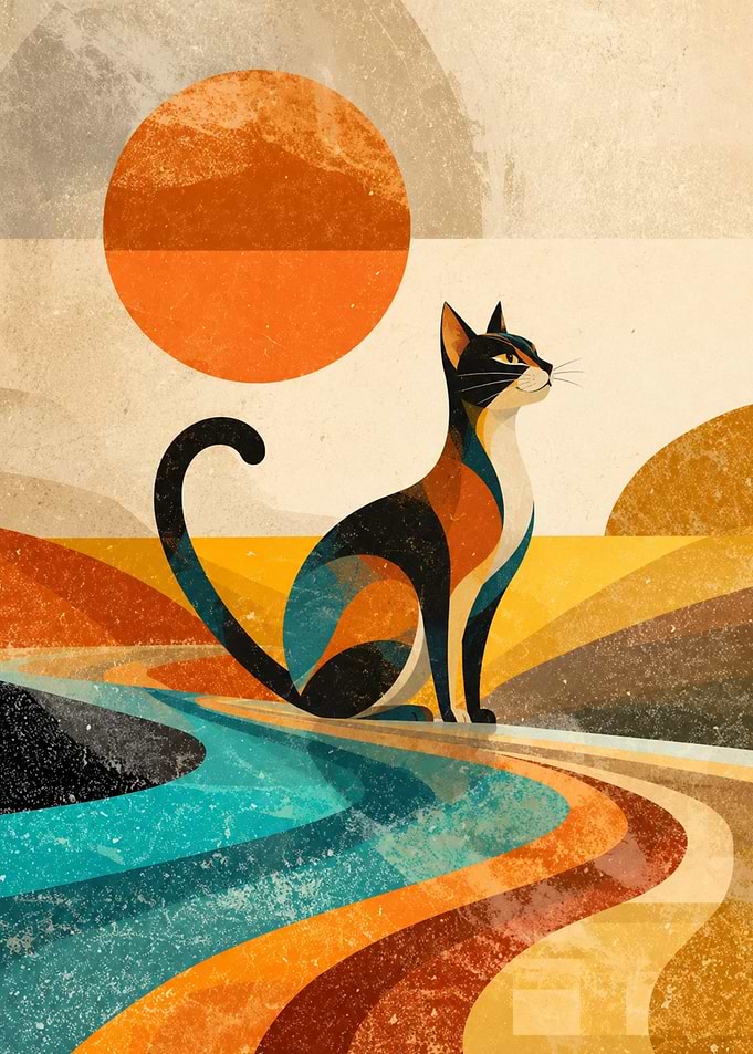 Retro Mid-Century Modern Cat Illustration