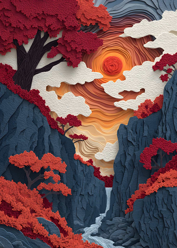 Layered Paper Cutout Mountain Landscape