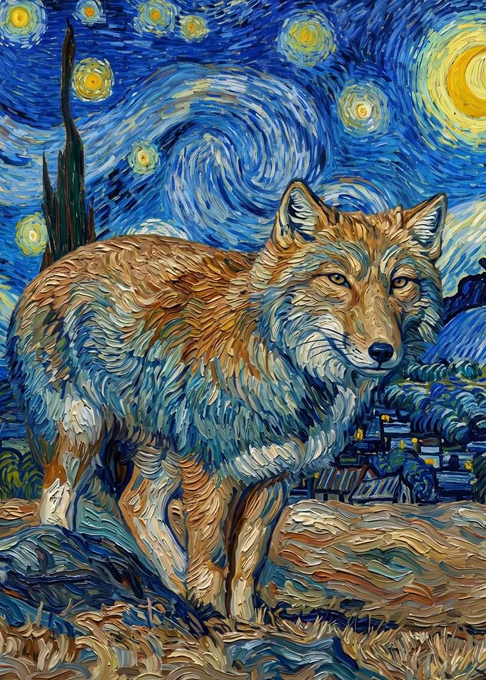 Wolf in Starry Night Style