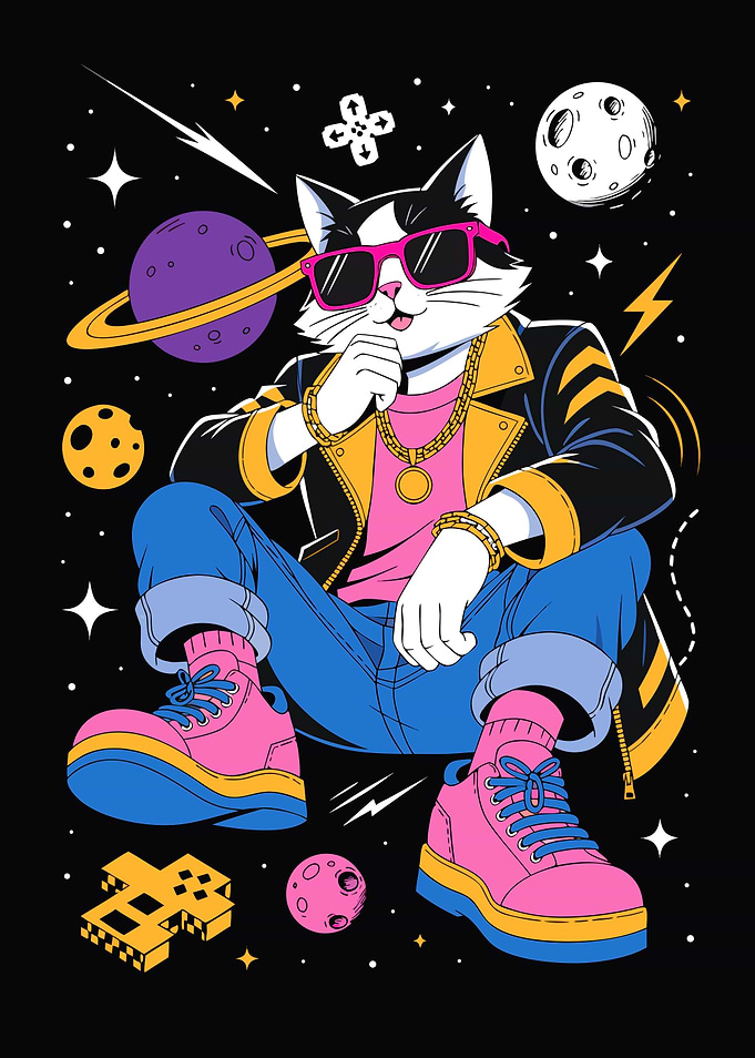 Cool Space Cat in Retro Style