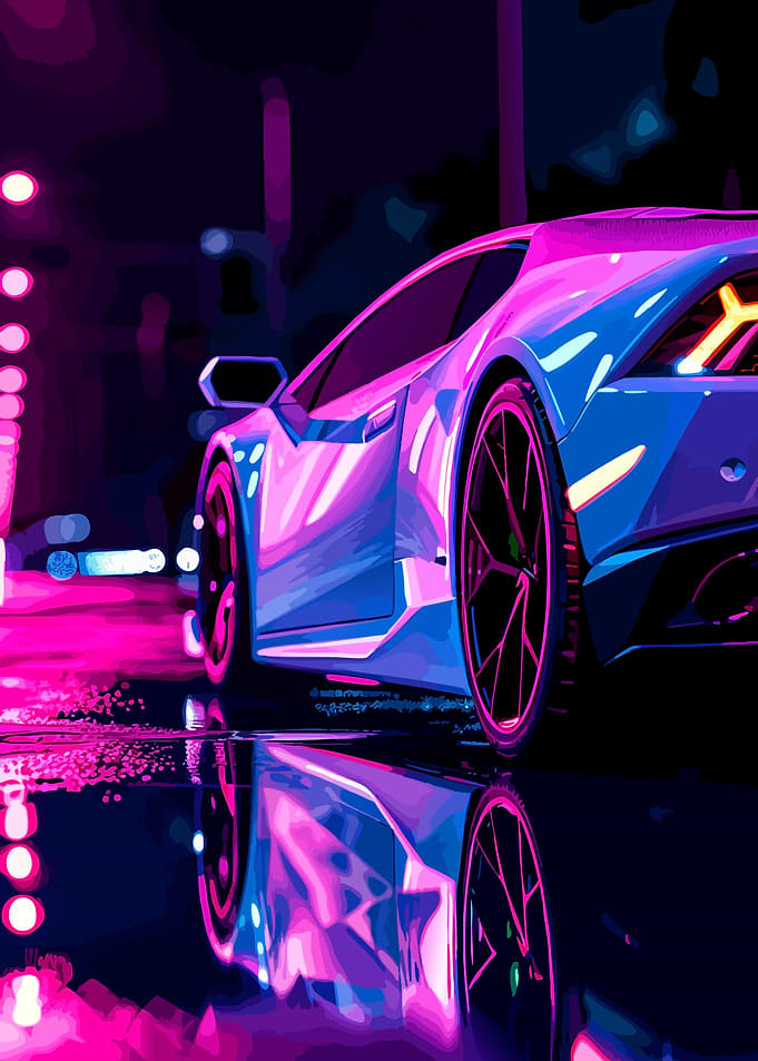 Neon Supercar Night Reflection