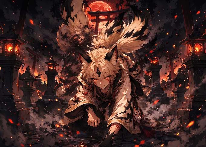 Kitsune Warrior in Red Moon Shrine