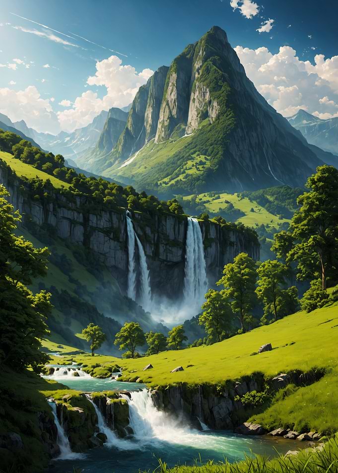 Majestic Alpine Valley with Twin Waterfalls