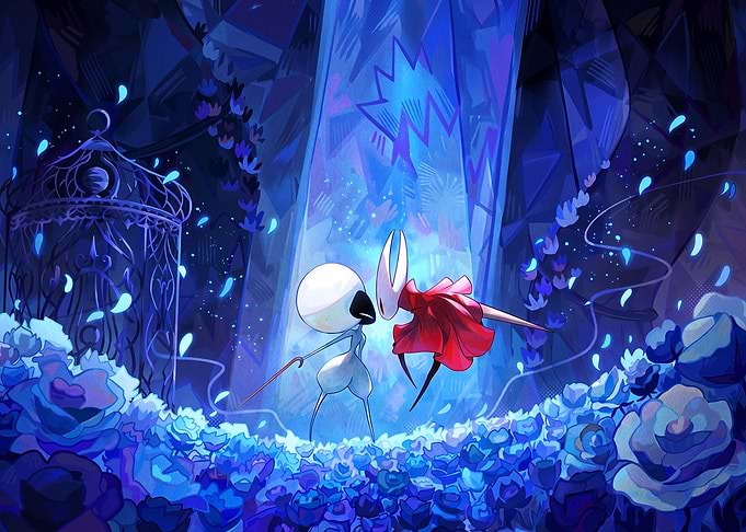 Hornet and Quirrel in Blue Flowers