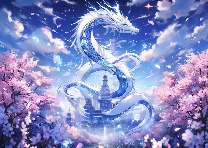 Majestic White Dragon Amidst Cherry Blossoms