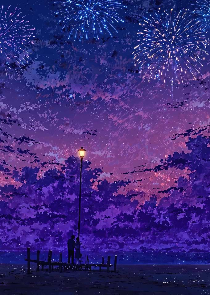 Couple Watching Fireworks Under Purple Sky