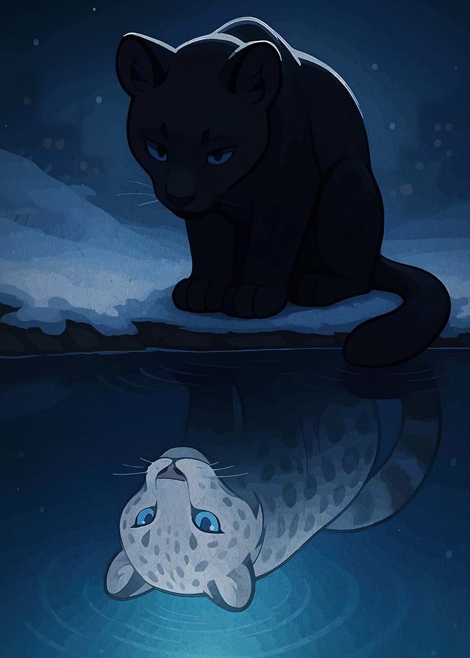 Black Panther Reflecting as Snow Leopard