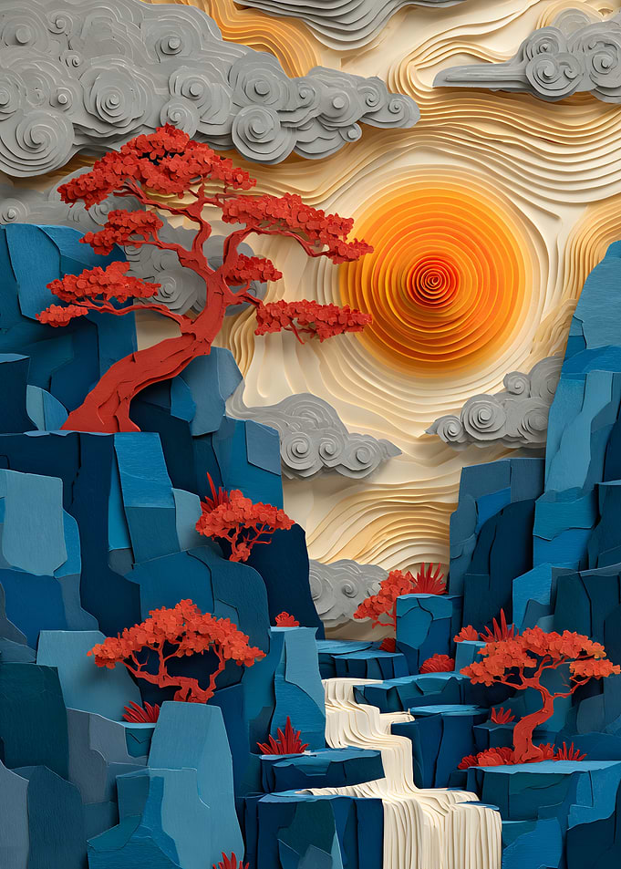 Papercraft Landscape with Red Trees
