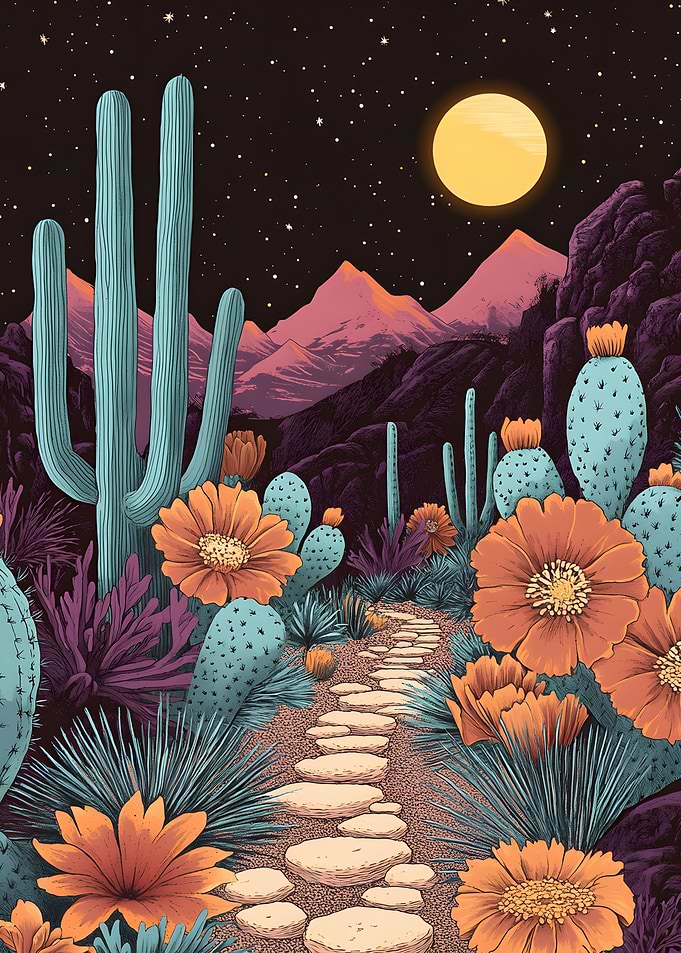 Desert Night Path with Blooming Cacti