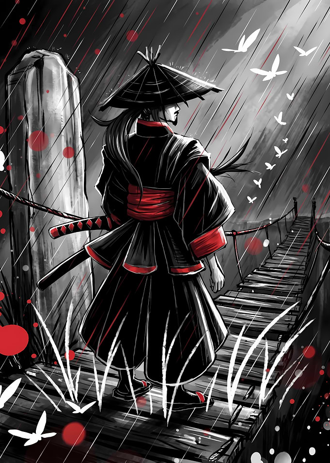 Samurai Standing on Bridge in Rain