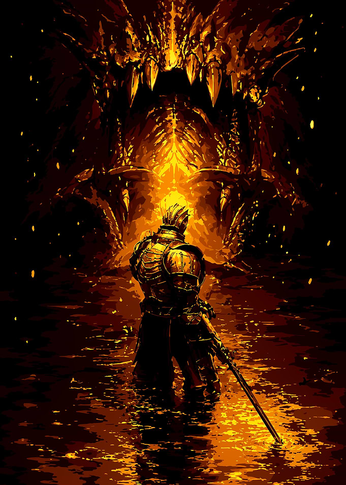 Mortal Shell Knight Facing a Fiery Dragon