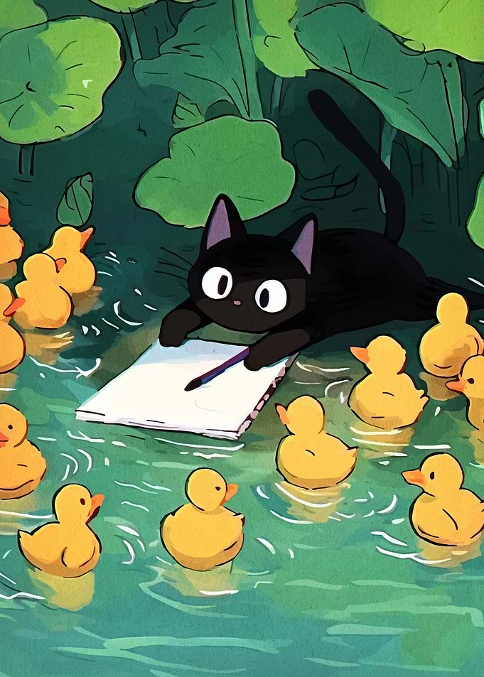 Black Cat Sketching Ducklings