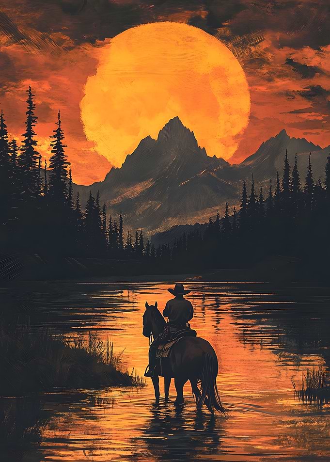 Cowboy Riding Horse at Sunset
