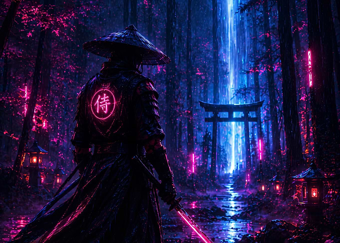 Cyberpunk Samurai in Neon Forest