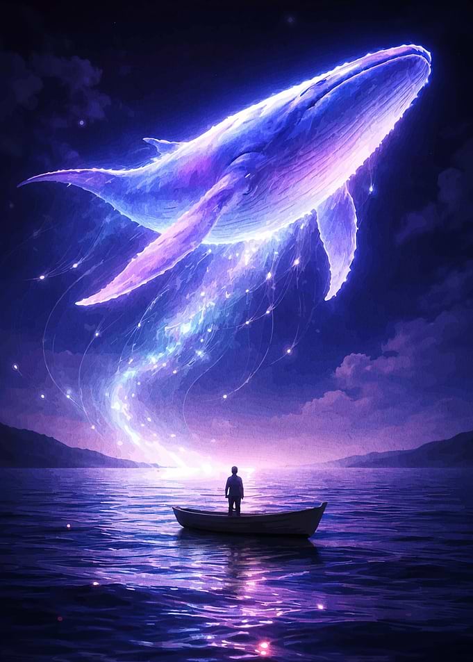 Glowing Cosmic Whale Above Lone Boat