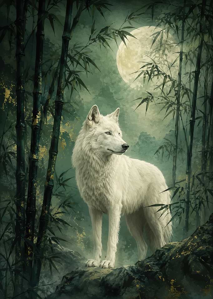 White Wolf in Bamboo Forest