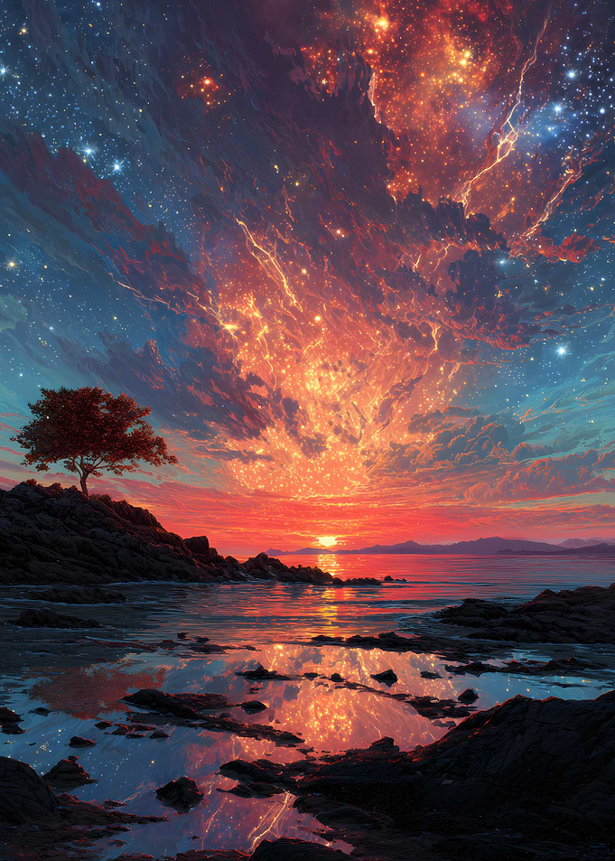 Cosmic Sunset Over Rocky Shore