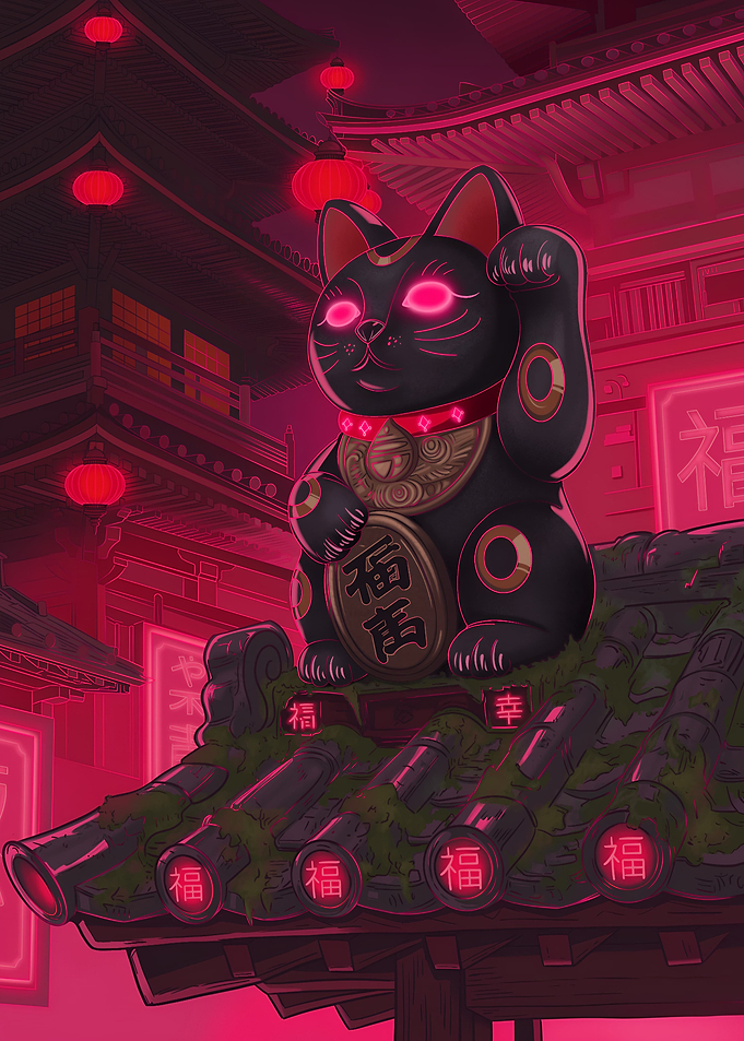 Neon Maneki-Neko on Temple Roof