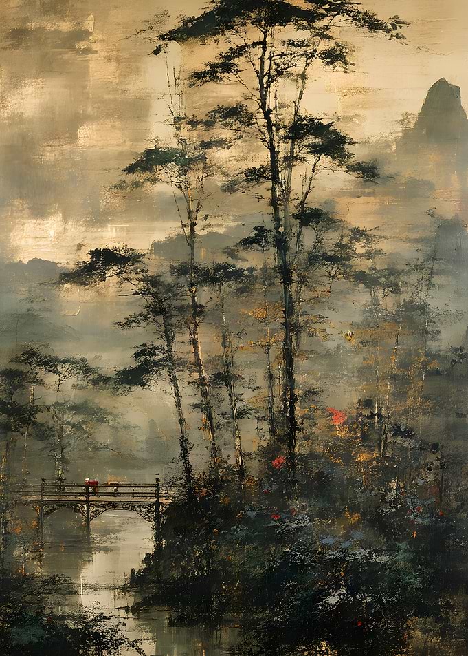 Misty Forest Landscape with Bridge