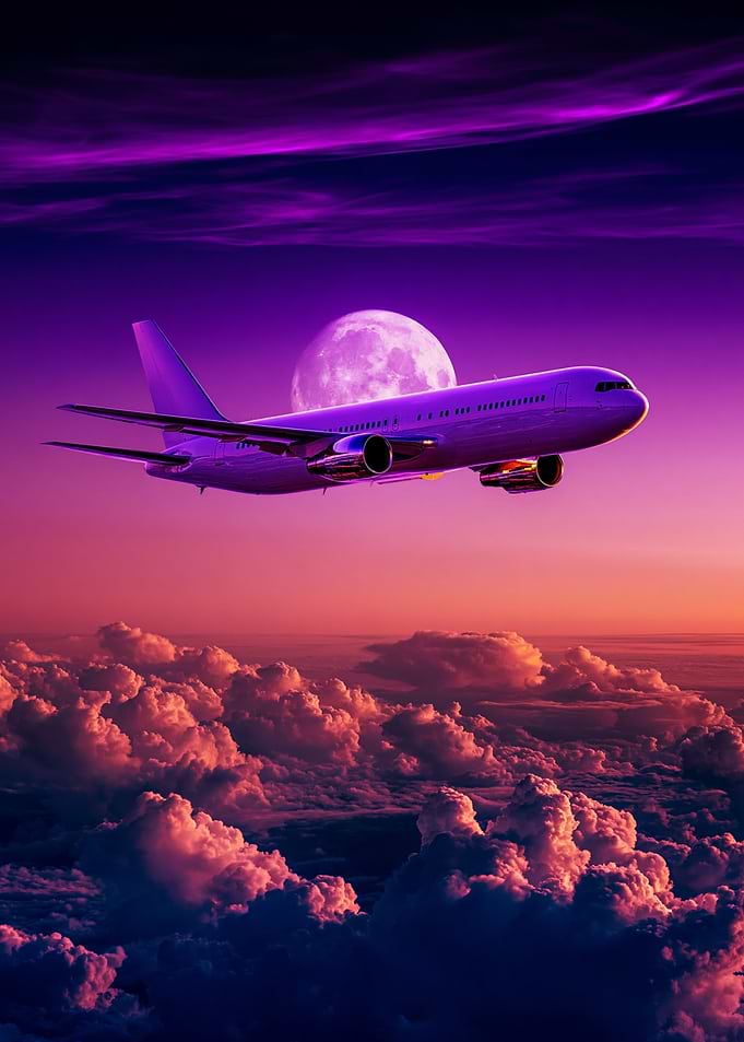 Airplane Flying Past Full Moon