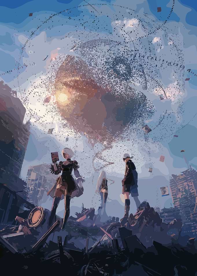 NieR:Automata Characters in Ruined City