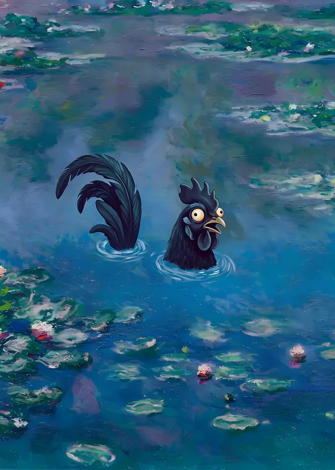 Surprised Black Rooster in Pond