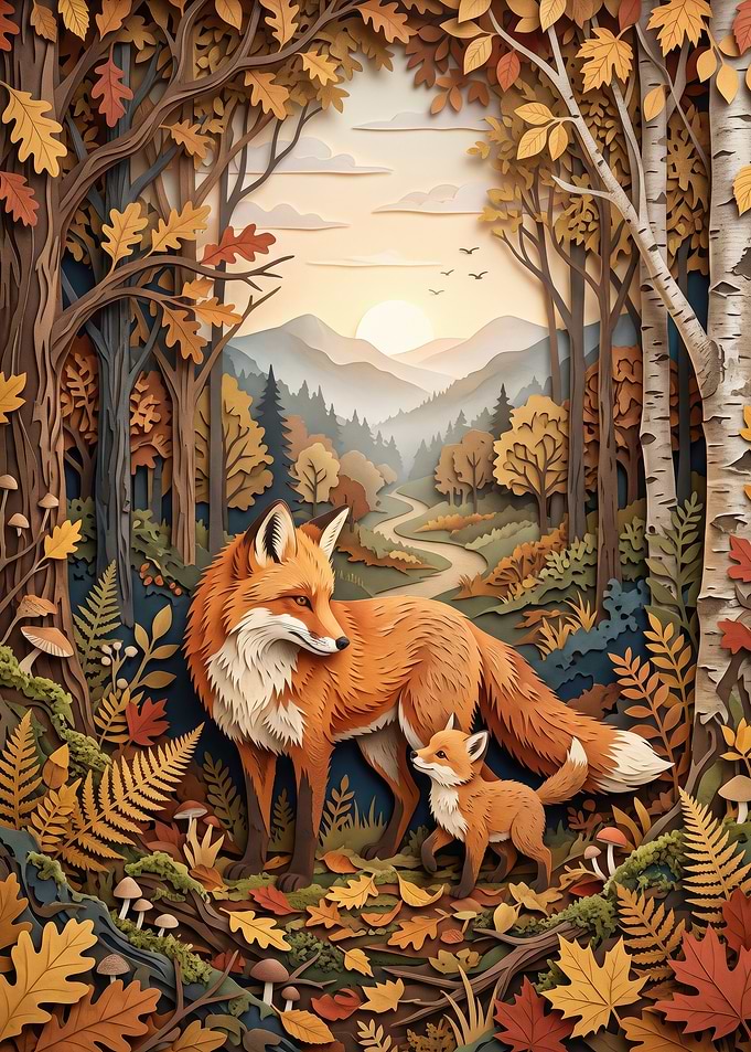 Paper Cutout Fox Family in Autumn