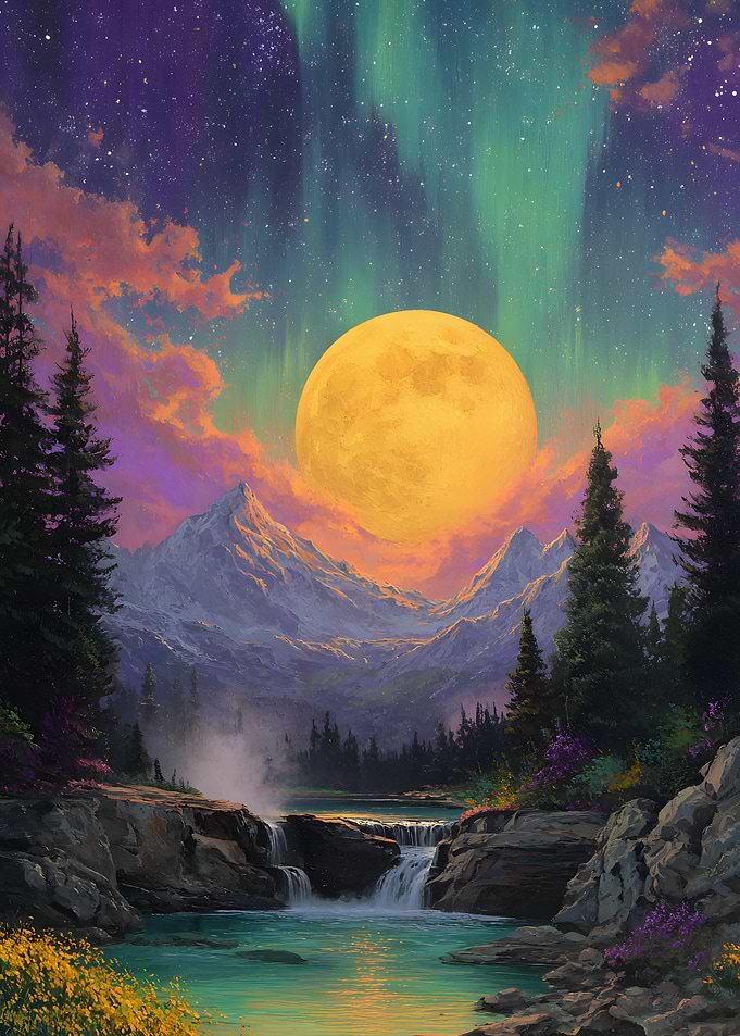 Golden Moon Over Mountain Waterfall