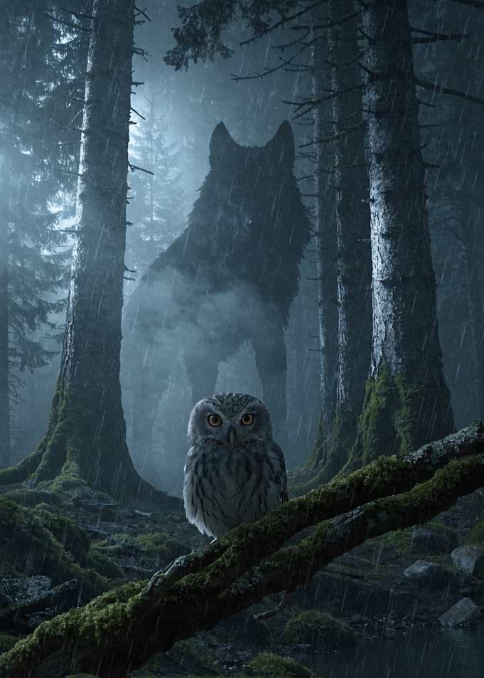 Giant Wolf and Owl in Forest