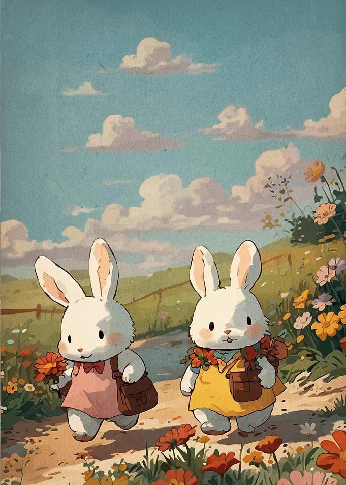 Two Cute Bunnies Walking in Meadow