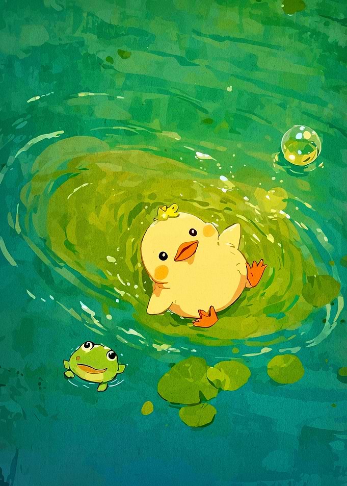 Cute Chick and Frog in Pond