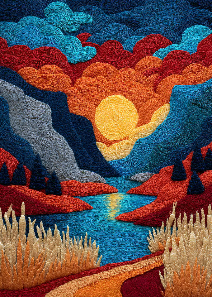 Embroidered Landscape with Sunset