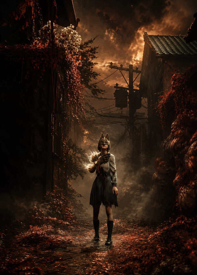 Girl in Fox Mask in Ruins
