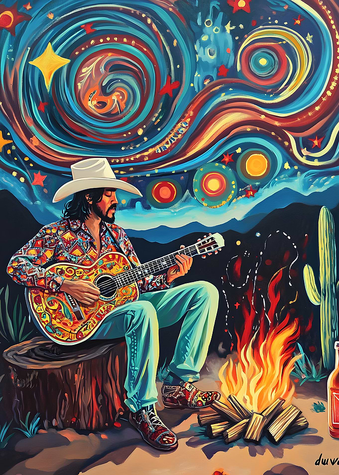Cowboy Playing Guitar Under Starry Sky