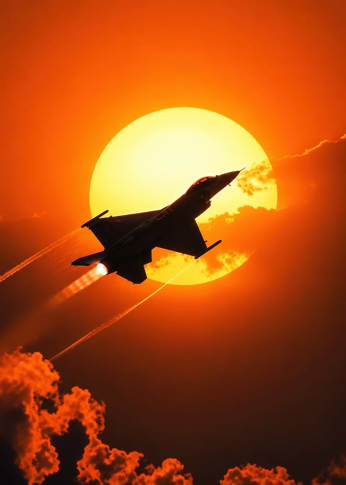 F-16 Fighter Jet Silhouette at Sunset