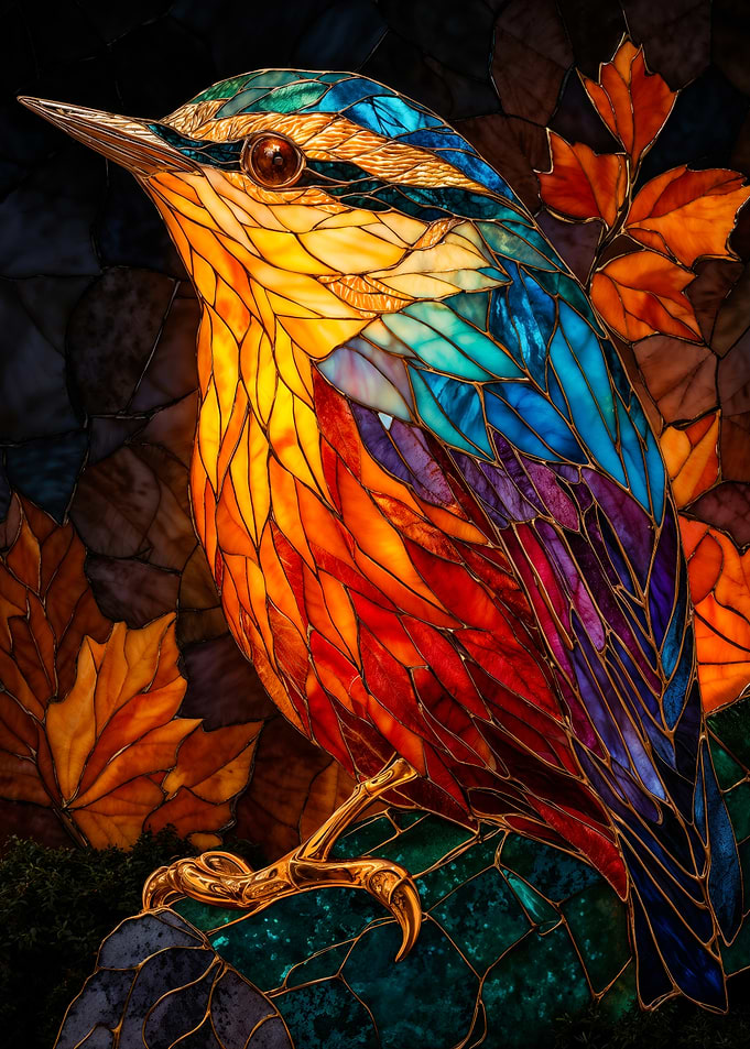 Colorful stained glass bird autumn mosaic art