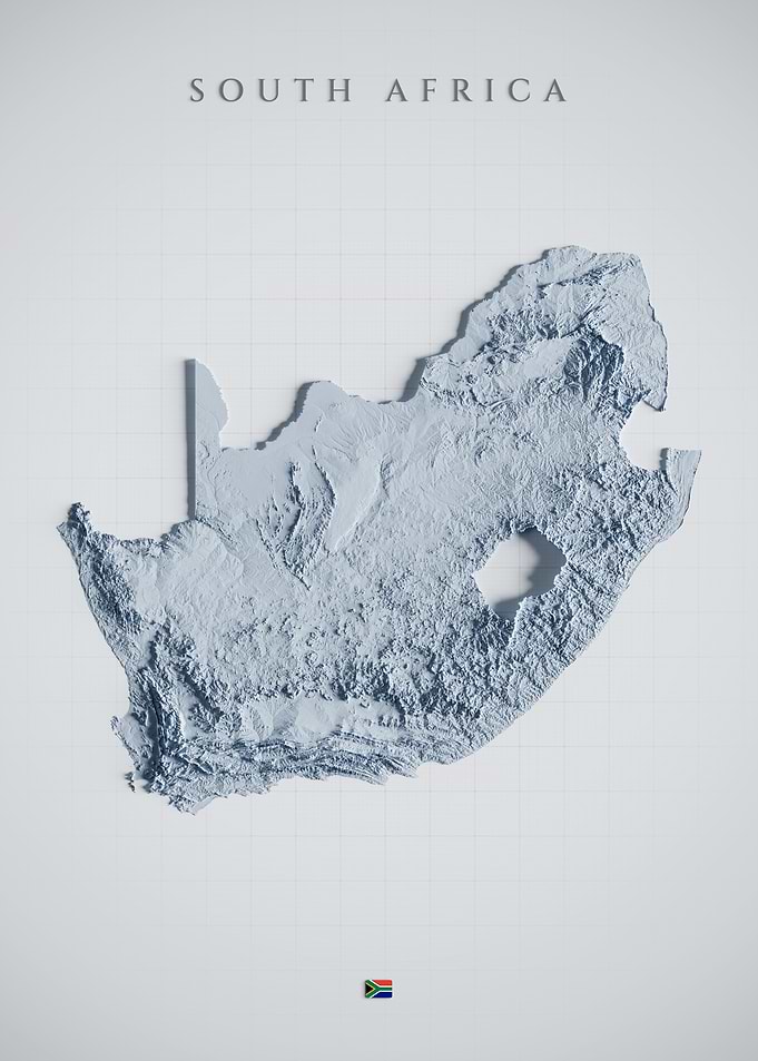 South Africa Topographic Map - Light Shaded Relief, 3D Elevation Poster