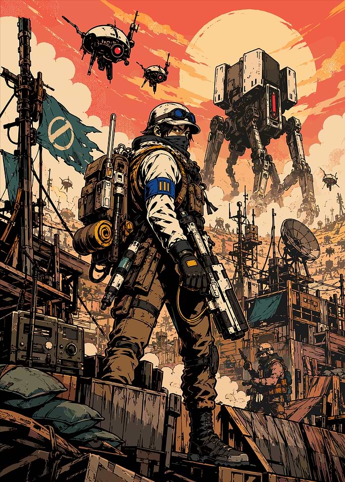 Dystopian Soldier in Mech War Zone
